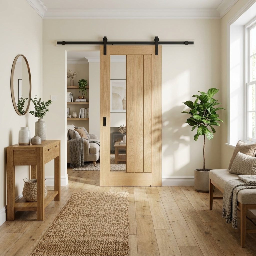 Oak Internal Sliding Door Unfinished 1 Light Clear Glass Offset Black Top Mounted