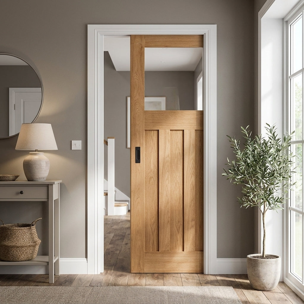Unfinished Oak Internal Pocket Door Set 1930's 3 Panel 1 Light Clear Glass