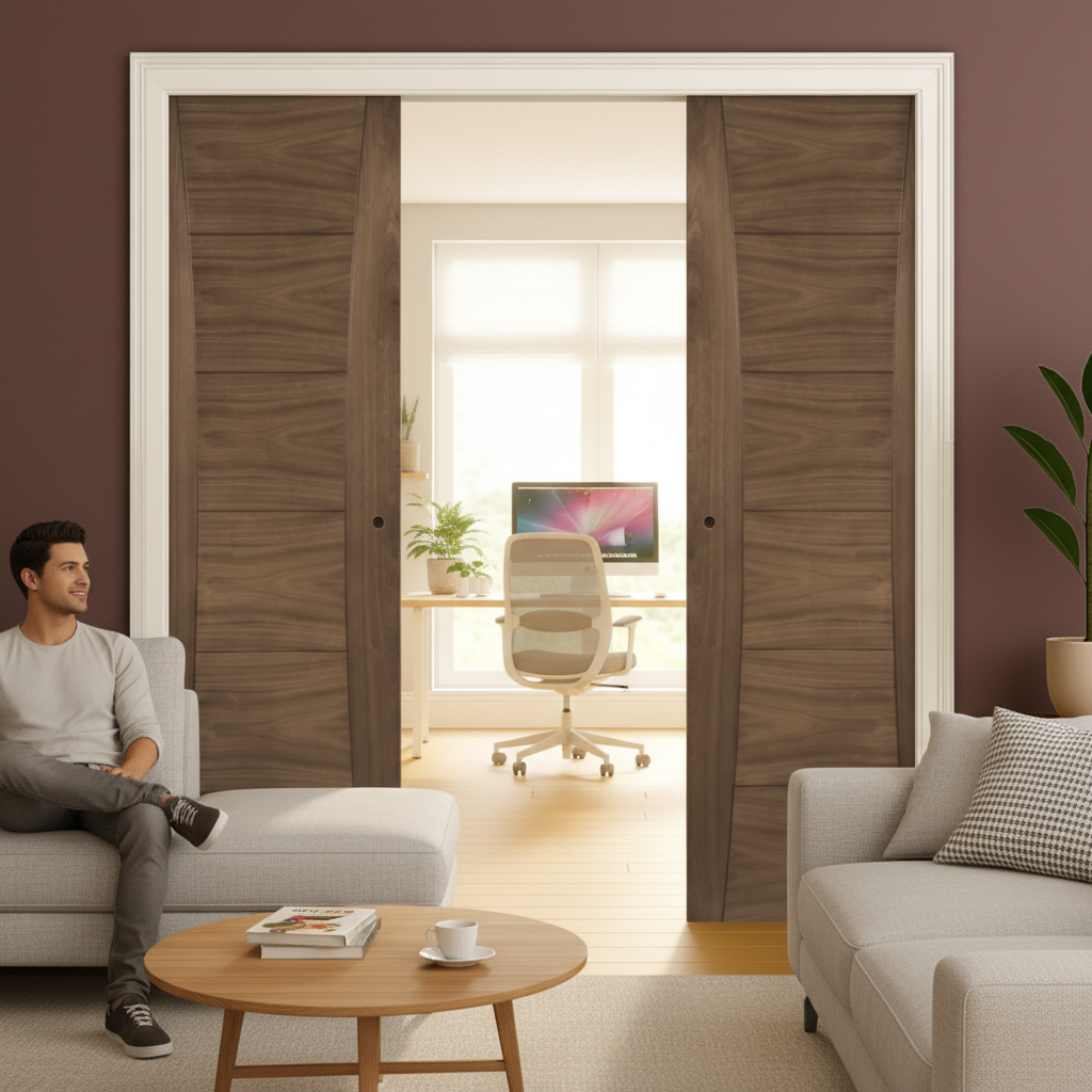 Premium Double Pocket Door Set with Walnut Finish and Galvanised Steel Frame for Seamless Interior Design