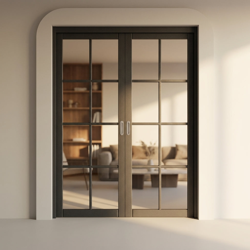 Internal Jet Black French Door with 8 Light Clear Glass Panels, Fully Finished - detail view