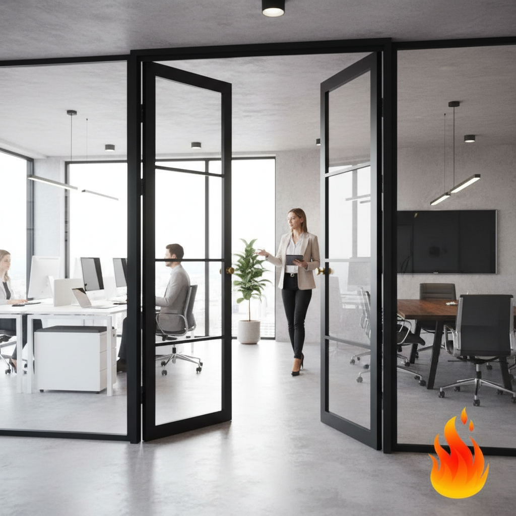 Premium Extra Slim Fire Rated Double Pocket Door System with Custom 4L Fire Doors and Galvanised Steel Frame