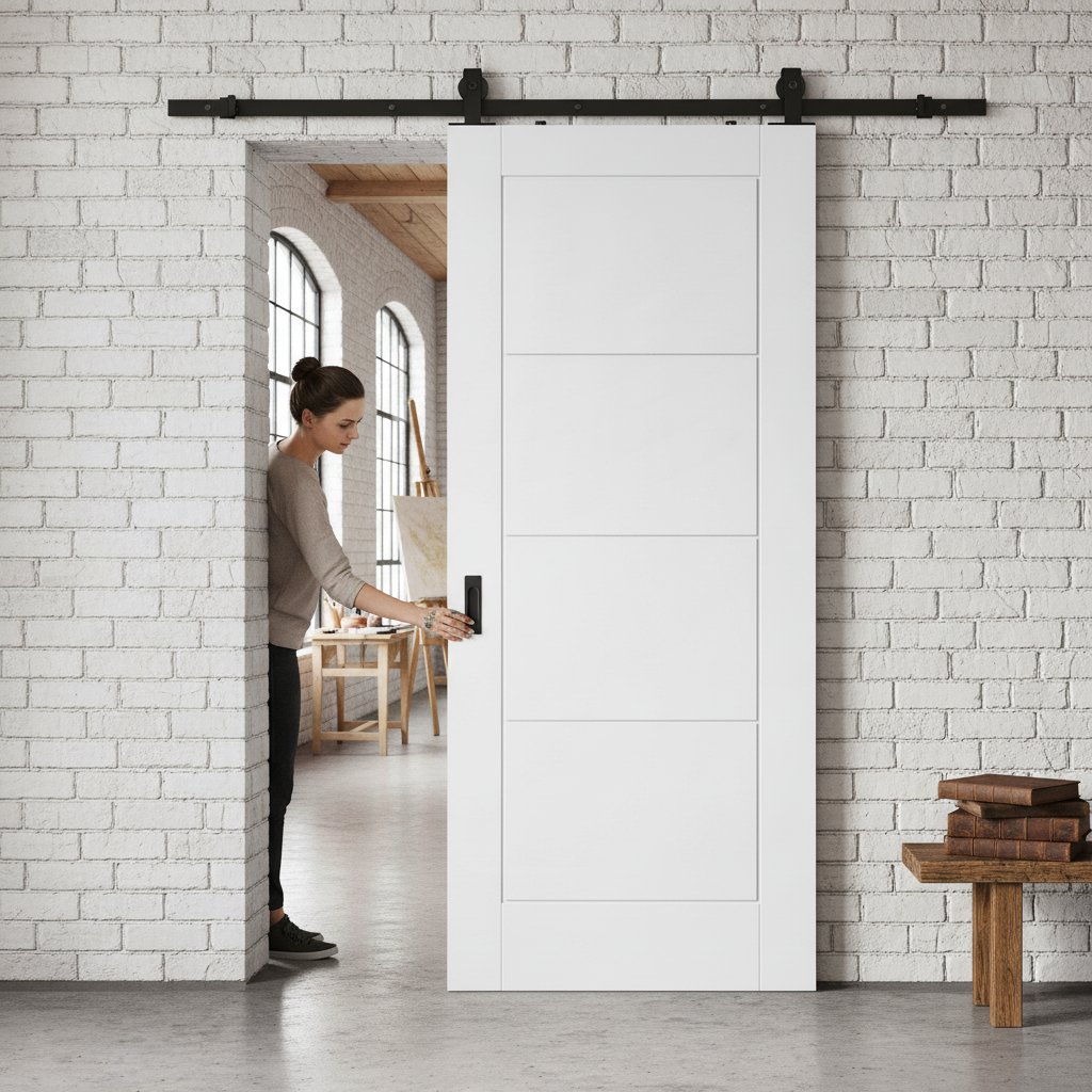 Premium White Moulded Internal Lifestyle Ladder Sliding Door with Black Top Mounted Kit for Contemporary Interiors