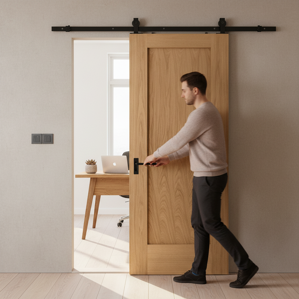 Unfinished Oak Internal Sliding Door with Modern Black Steel Track - Elegant Home Decor Solution - Image 2