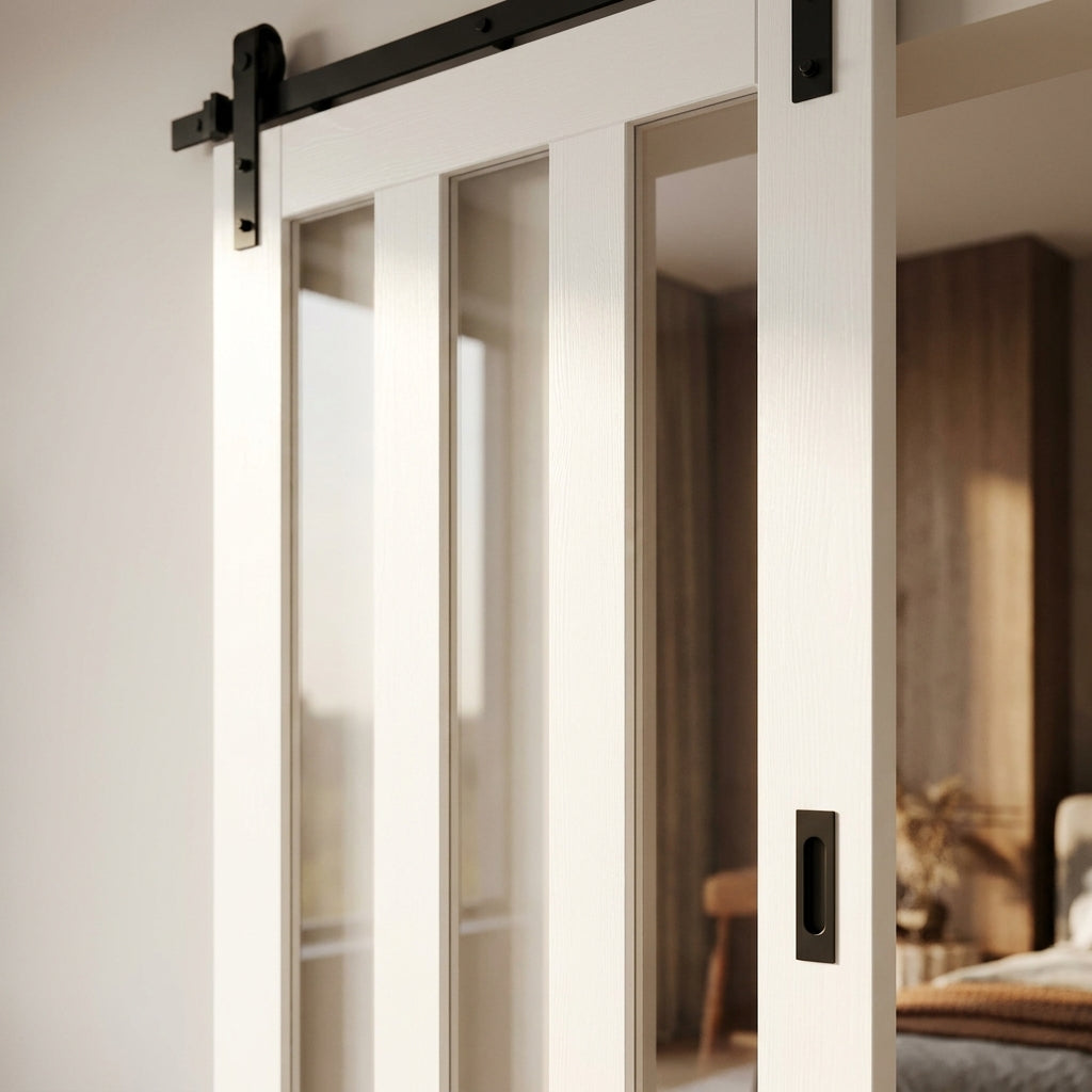 White Primed Internal Sliding Door with 3 Light Clear Glass Glazing - detail view