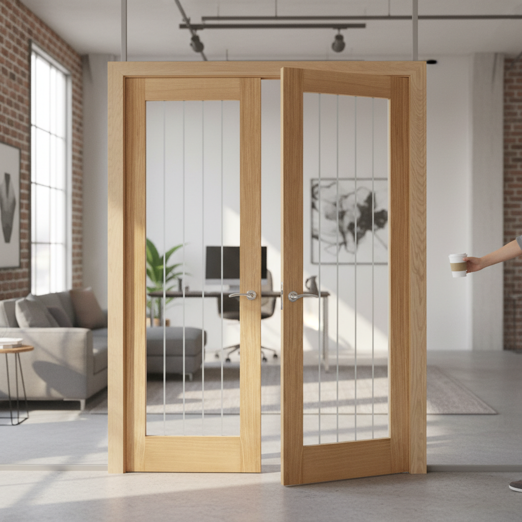 Premium Oak French Doors with Frosted Lines and Clear Glazed Panels for Elegant Interiors
