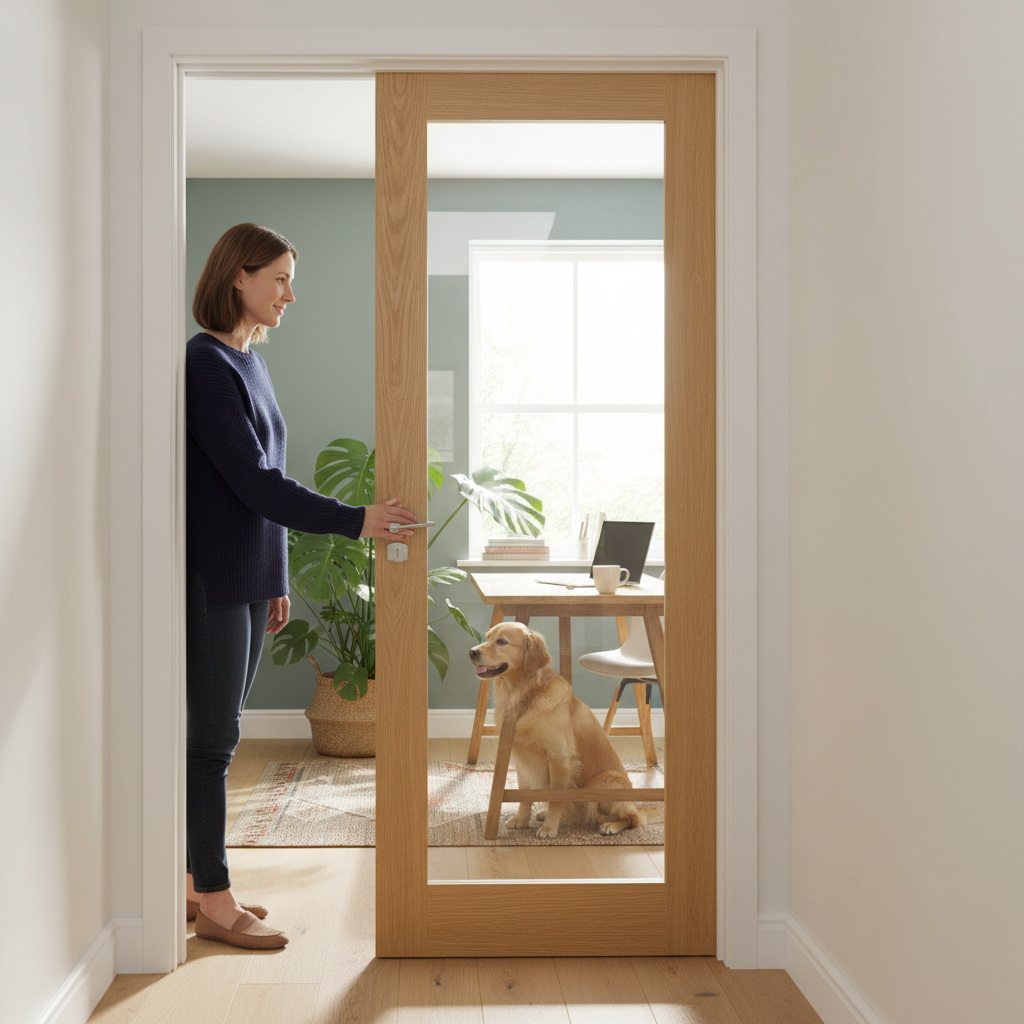 Premium Unfinished Clear Glazed Internal Door with Crown Cut American White Oak and Tempered Glass for Modern Interiors