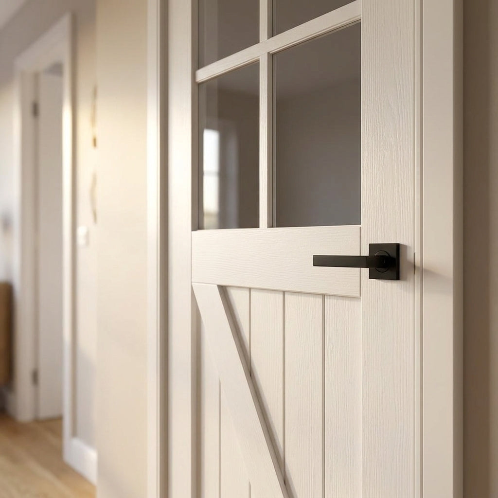 Internal White Primed Barn Door with 4 Light Clear Glass, Made to Measure - detail view