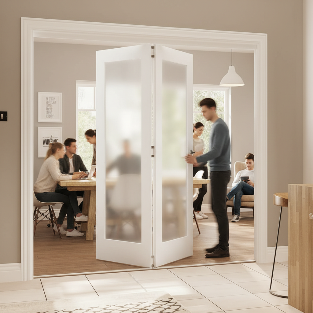 Premium White Obscure Glazed Room Divider with Flexible Bi-Folding Design and Top Hung System for Seamless Space Management