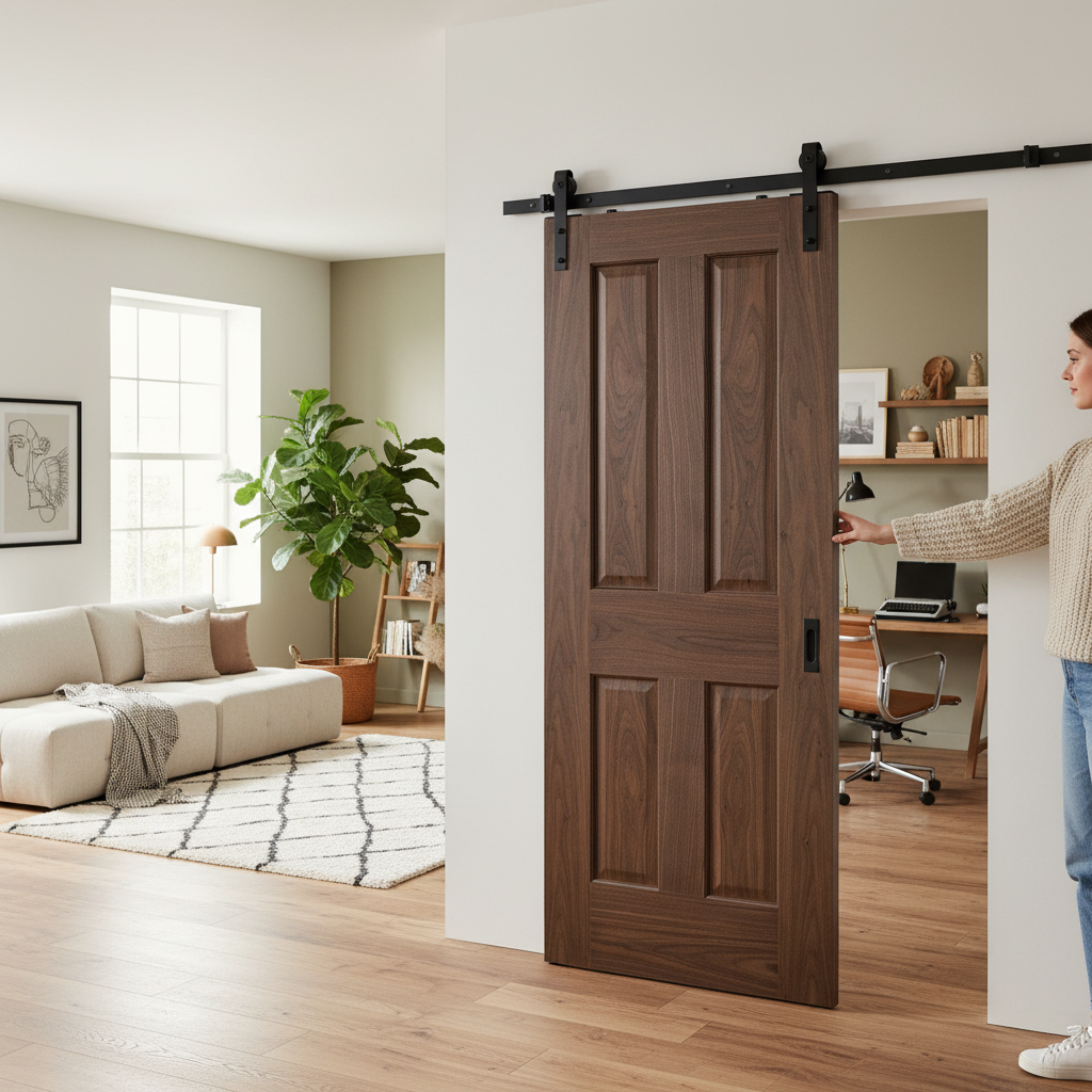 Internal Sliding Door Set with Obscure Glass Panels and Black Steel Track for Modern Interiors - Image 2