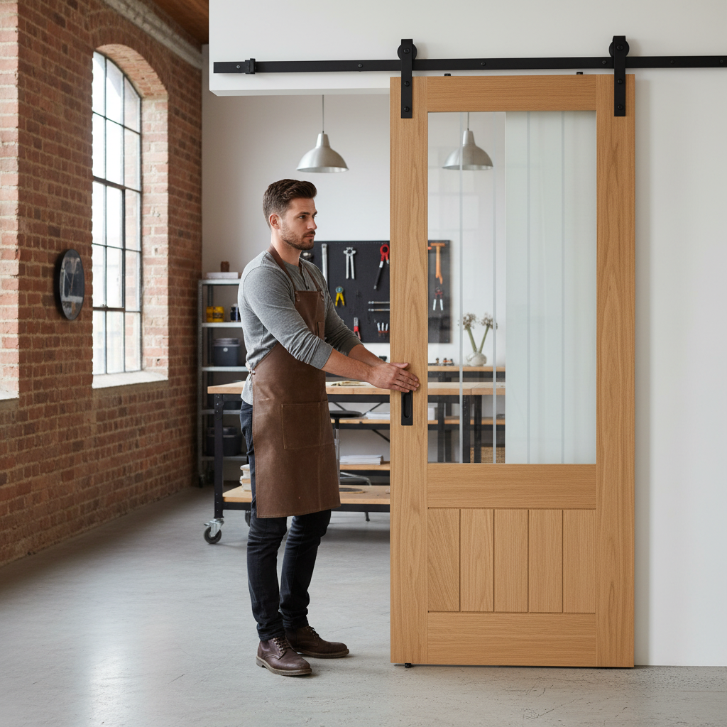 Premium Fully Finished Oak Sliding Door with Obscure Lined Clear Glass - Modern Black Steel Track for Smooth Operation