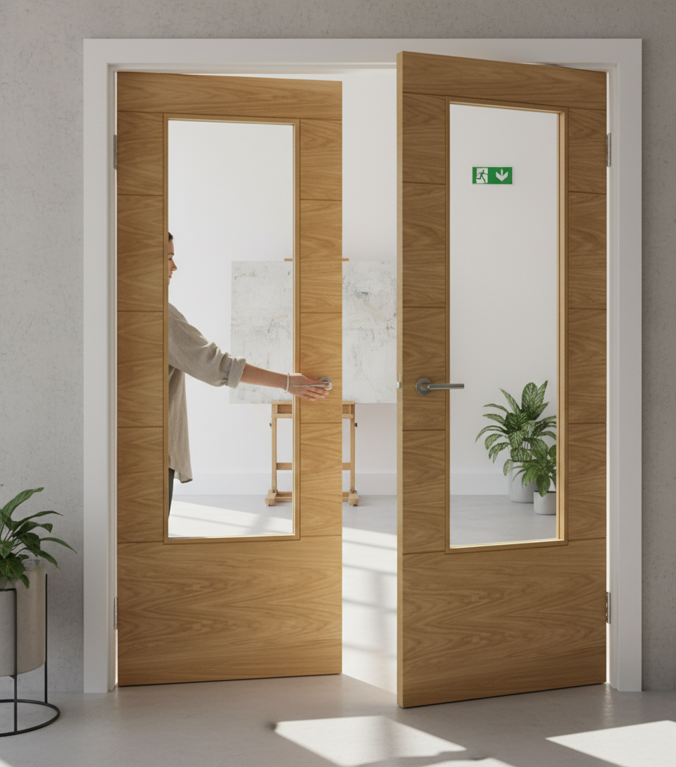 Premium Contemporary Oak French Internal Door Pair with V Grooves and Cross Veneers for Modern Interiors