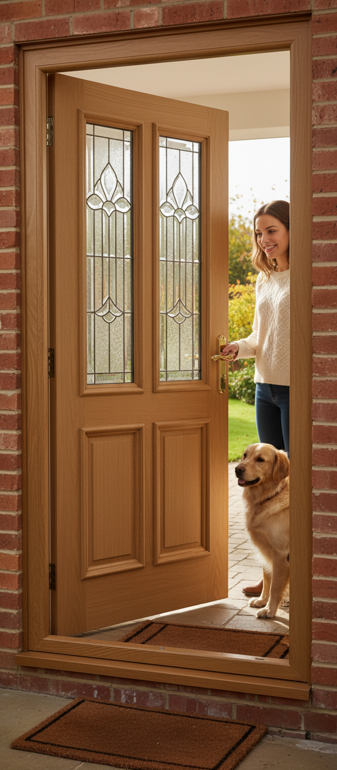 Premium External Door with Decorative Triple Glazing and Engineered Solid Oak Construction for Enhanced Privacy and Light