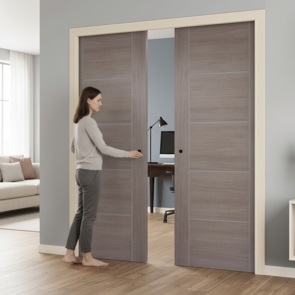 Premium Light Grey Laminate Double Pocket Door Set with Galvanised Steel Frame and 35mm Thickness for Modern Interiors