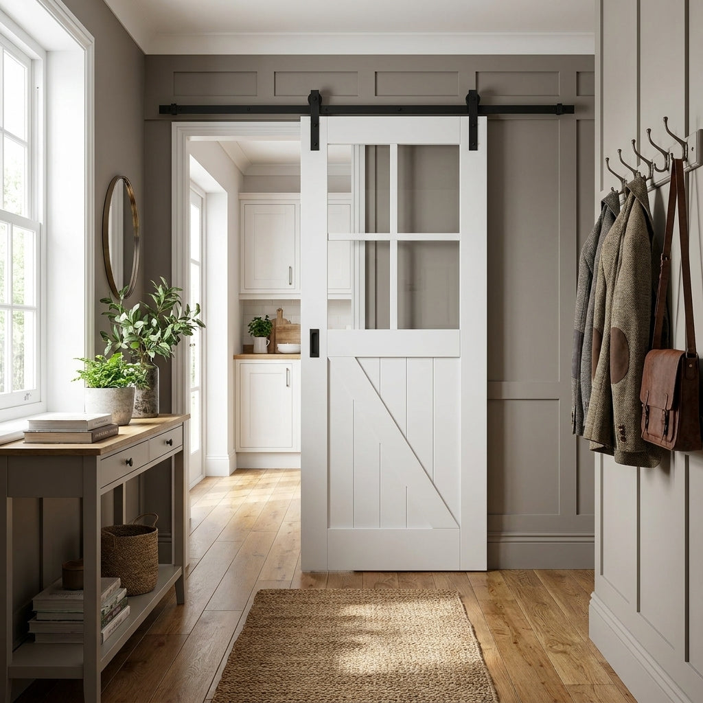 Internal White Primed Barn Sliding Door with 4 Light Clear Glass