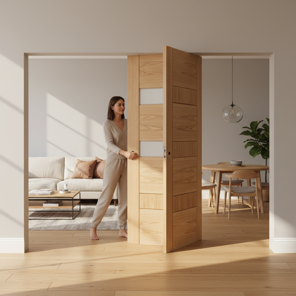 Premium Oak Double Pocket Door Set with Galvanised Steel Frame and Adjustable Design for Elegant Spaces