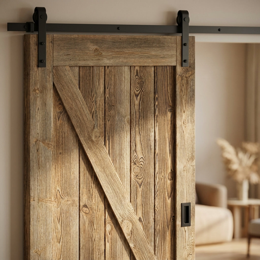 Internal Sliding Barn Door, Carbonised Pine, 1 Panel, Brace, Black Face Mounted - detail view