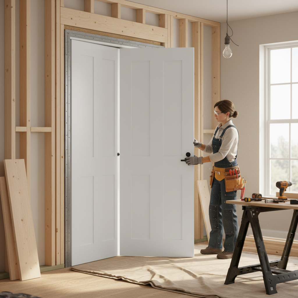 Premium White Double Pocket Door Set with Galvanised Steel Frame and Four-Panel Shaker-Style Design for Seamless Transitions