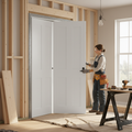 Premium White Double Pocket Door Set with Galvanised Steel Frame and Four-Panel Shaker-Style Design for Seamless Transitions