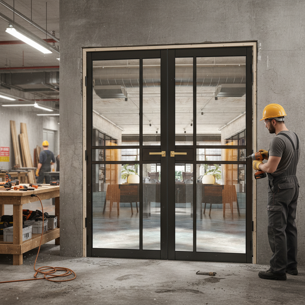 Premium Clear Glazed Industrial Style Door Pair with Solid Core and Pocket Door Compatibility