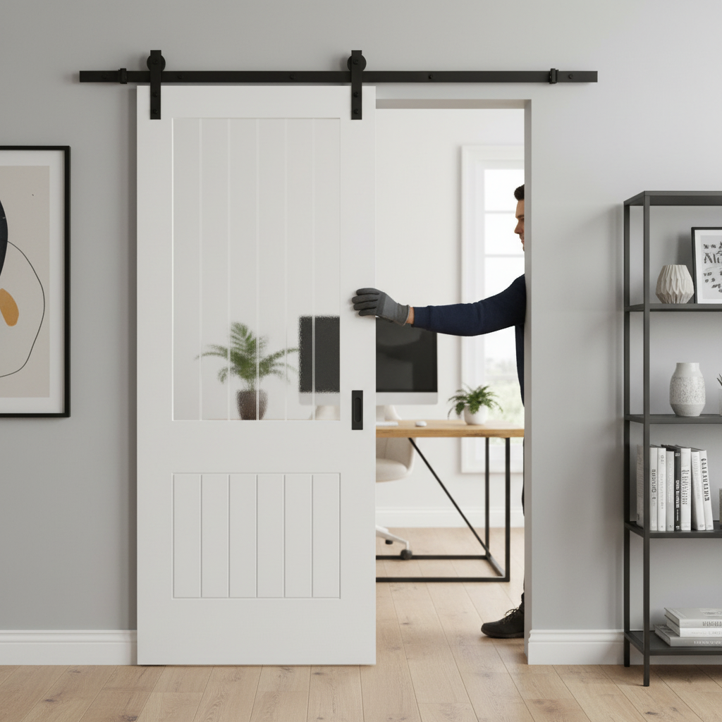 Premium Internal Cottage 1 Light Etched Lined Clear Glass Sliding Door with Black Steel Track for Modern Interiors