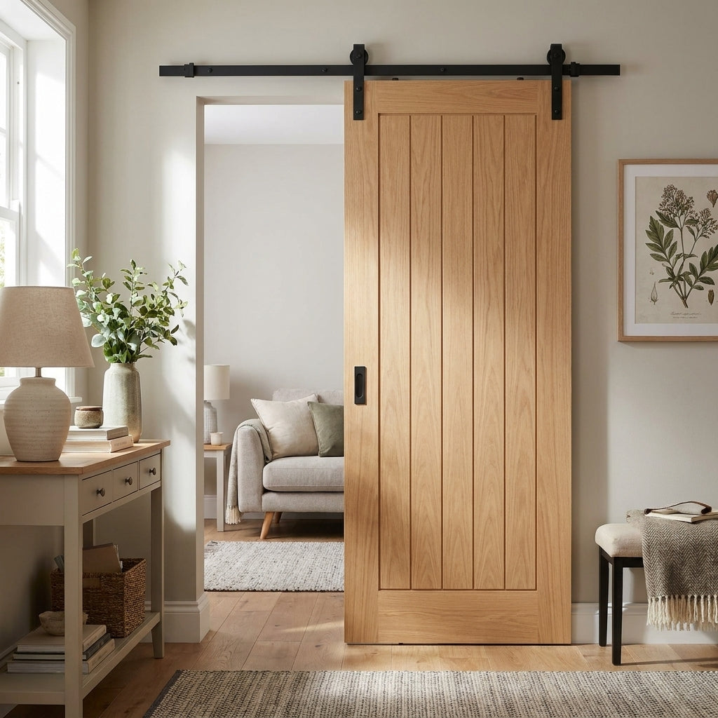 Internal Oak Sliding Door Fully Finished - Farley Design with Black Face
