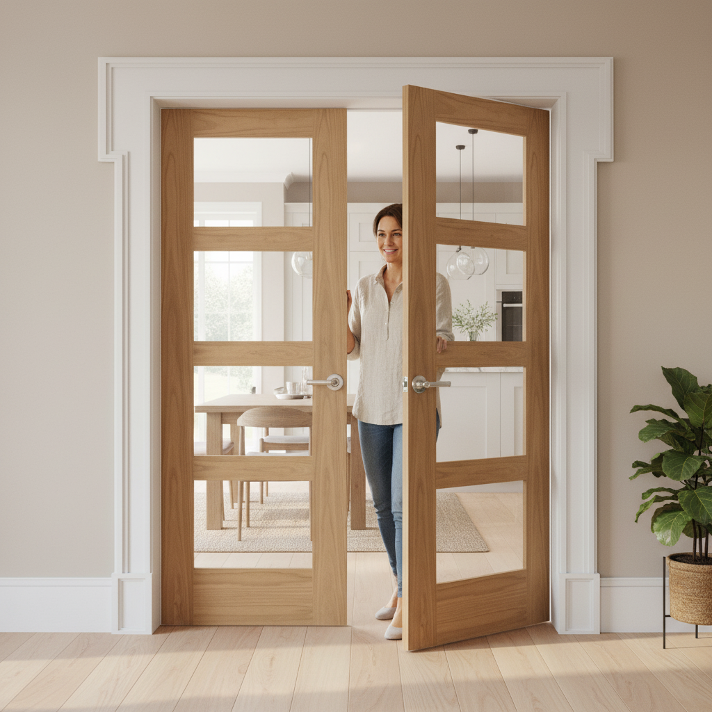 Premium Internal Oak Unfinished Shaker 4 Light Glazed Pair Door for Elegant Home Interiors - Image 2