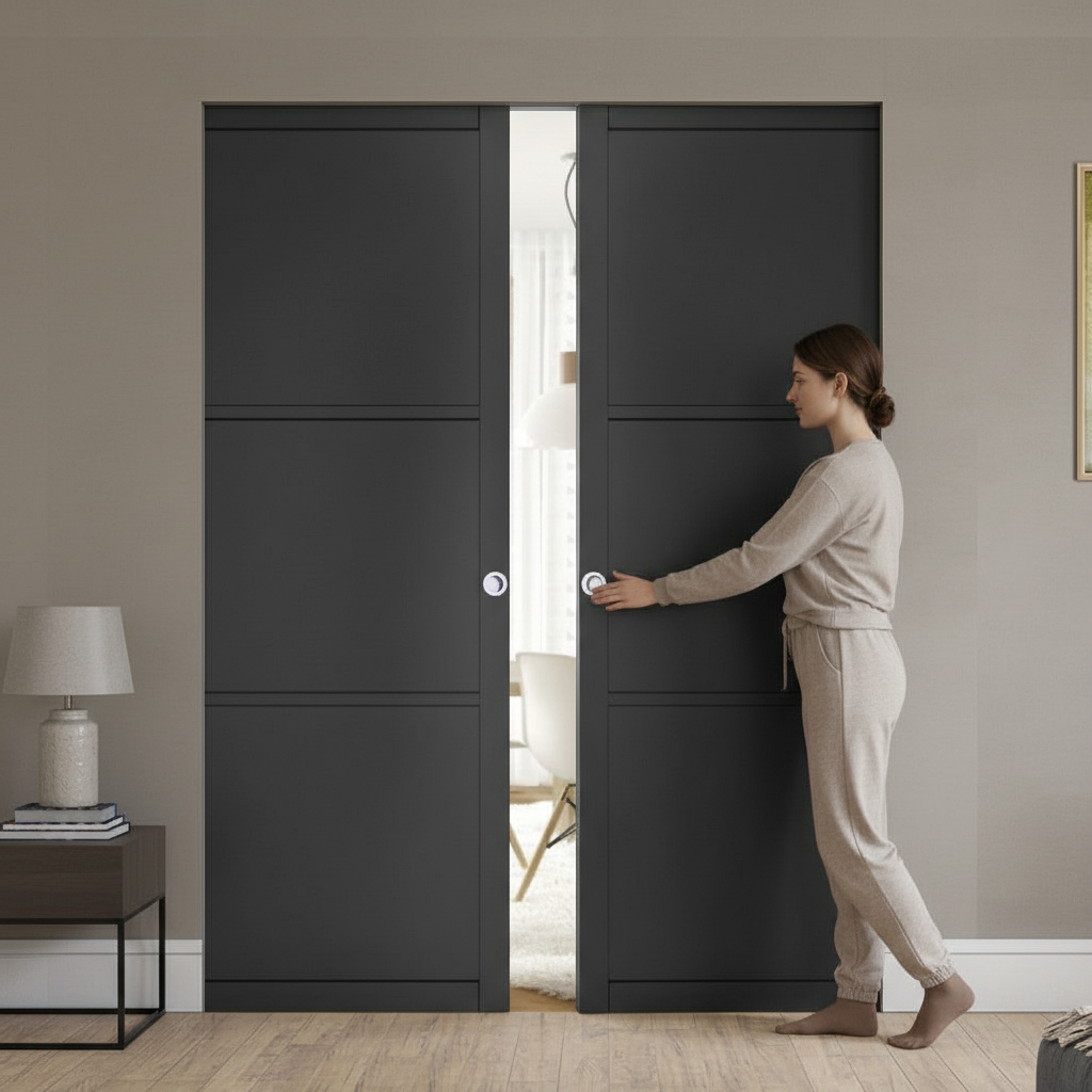 Premium 3 Panel Double Flush Pocket Door Set - Space-Saving Design with No Bottom Track and 15-Year Guarantee