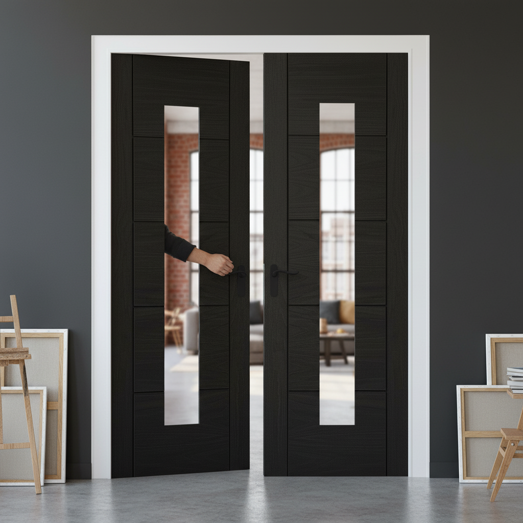 Premium Internal Black Finished Oak Door Pair with Clear Glass Light - Durable & Stylish Design
