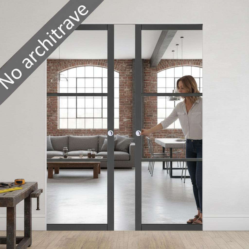 Premium 3L Clear Glazed Double Flush Pocket Door Set with No Bottom Track and Adjustable Door Stops for Modern Spaces