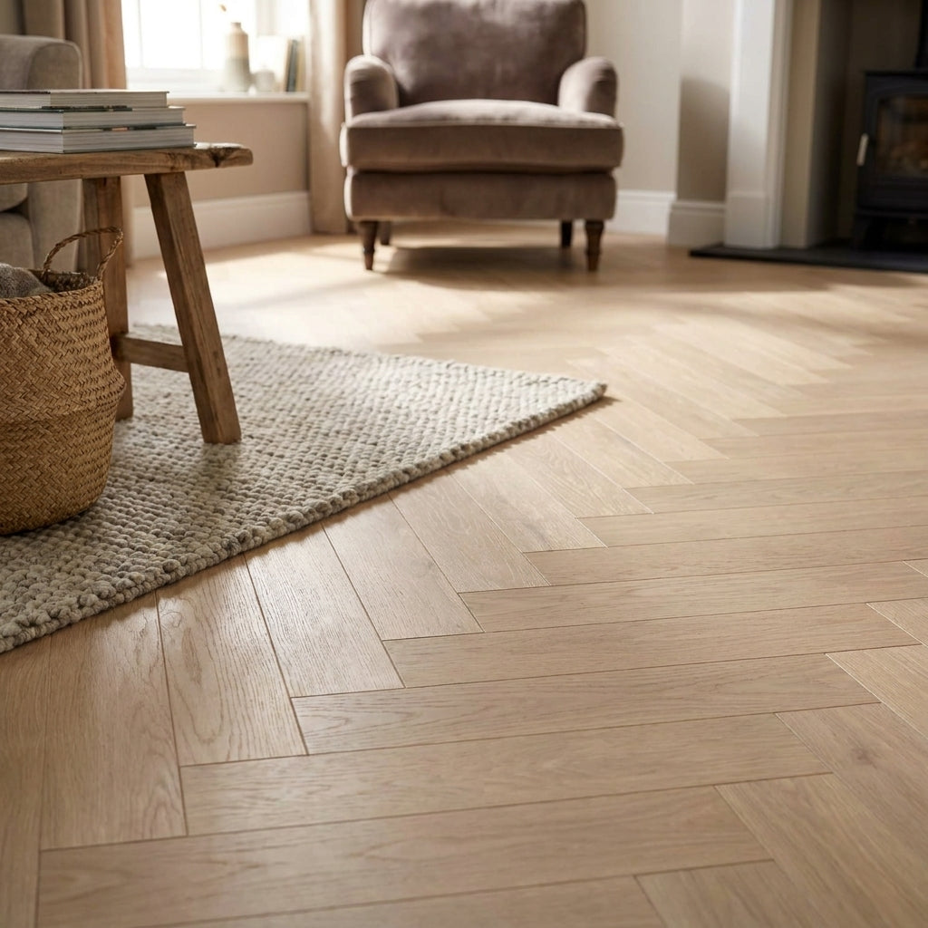 8mm Thick Water-Resistant Herringbone Laminate Flooring in Soft Heritage Oak - detail view