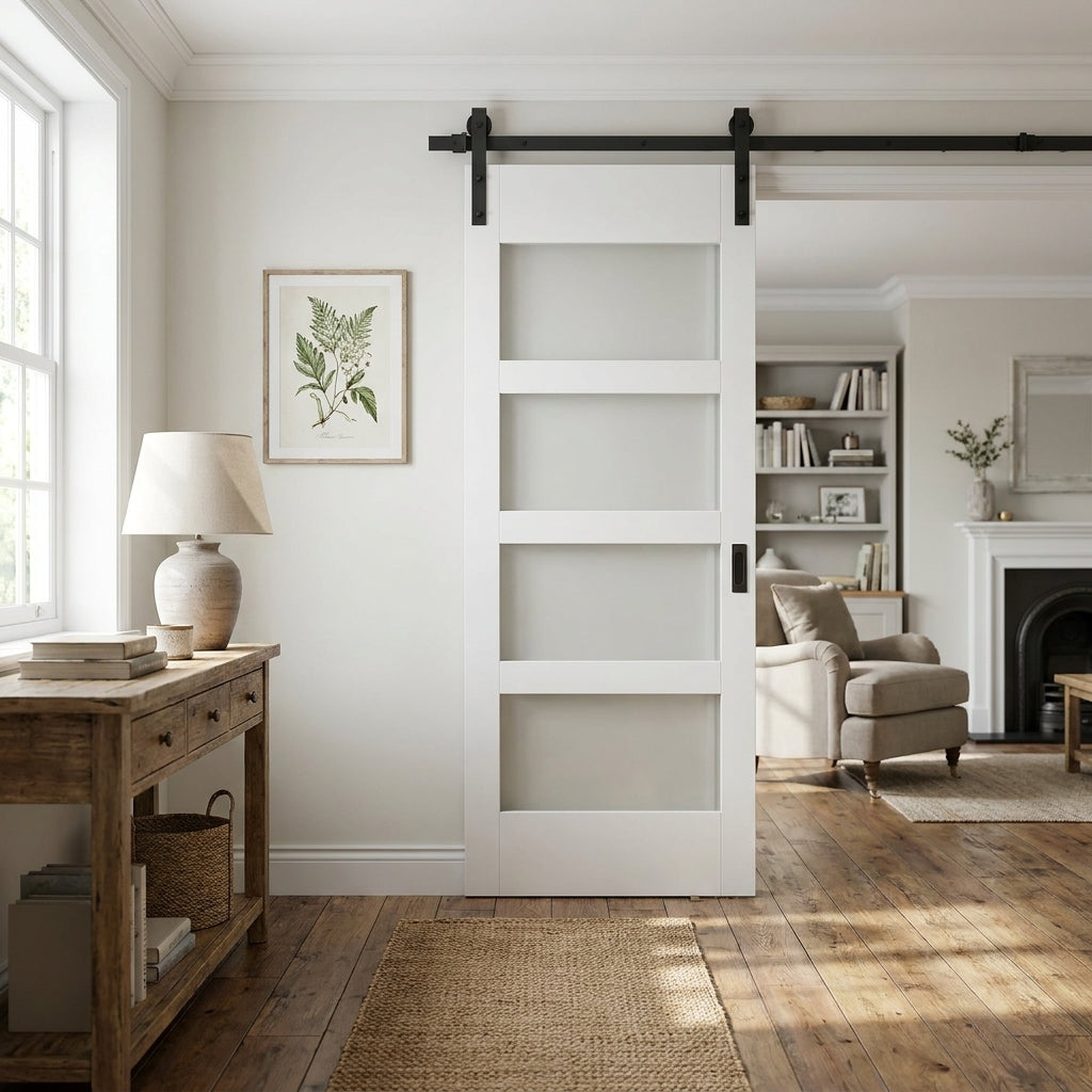 Internal White Sliding Door with 4 Light Obscure Glass, Primed Finish
