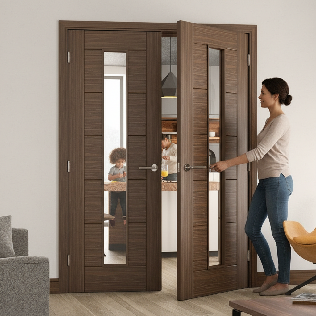 Premium Clear Glazed Internal Door Pair Crafted from North American Walnut with Solid Core and Toughened Glass