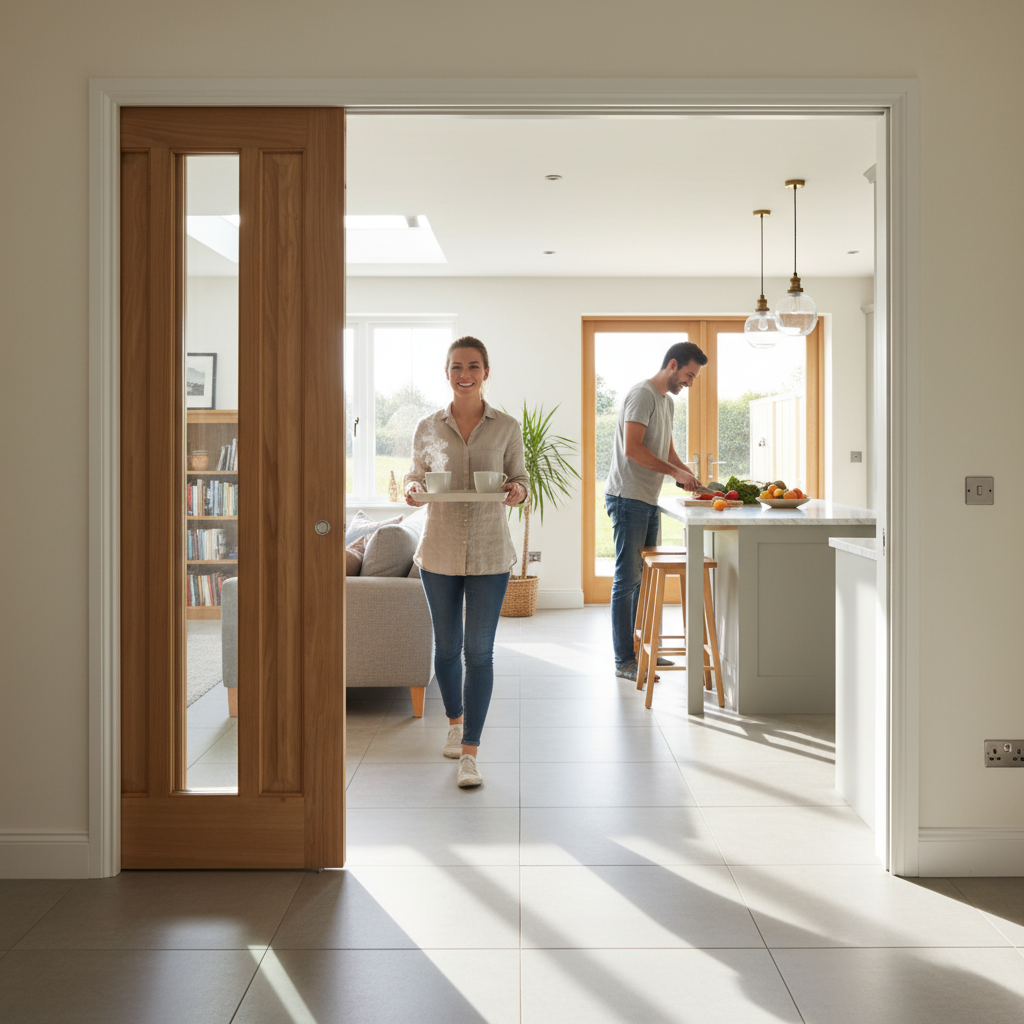 Premium Clear Glazed Telescopic Pocket Door System with Wooden Jamb Kit and Adjustable Features