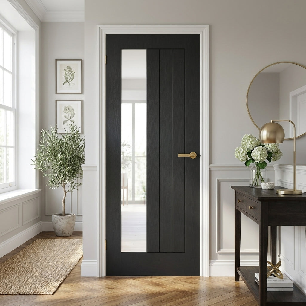 Internal Ash Grey Door with Clear Offset Glass, Fully Finished, Solid Core