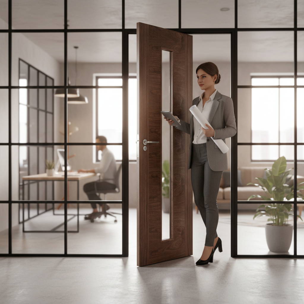 Premium Clear Glazed Internal Door with Walnut Veneer and Toughened Safety Glass, Ideal for Stylish Interiors