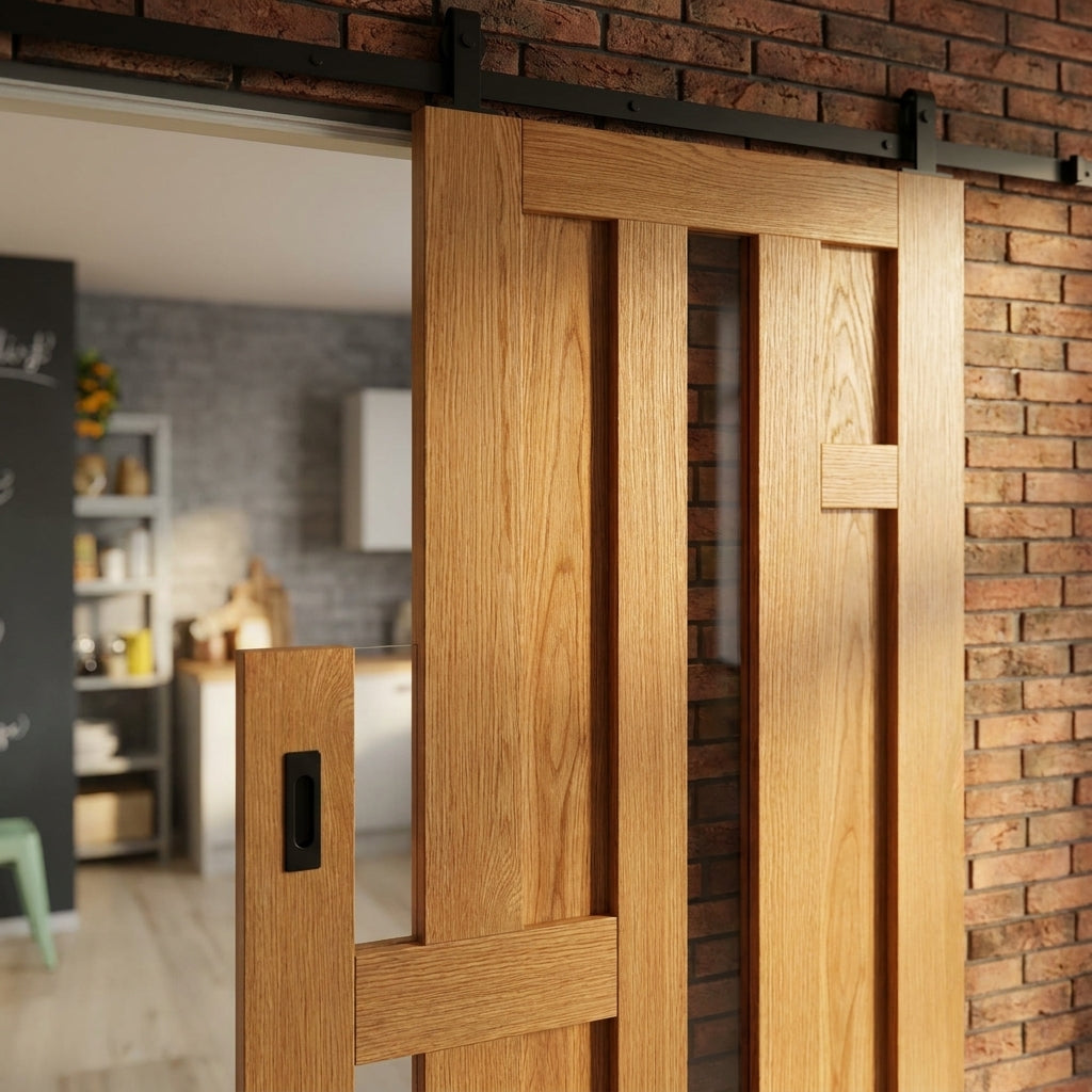 Internal Oak Sliding Door Fully Finished 4 Panel 1 Light Clear Glass - detail view