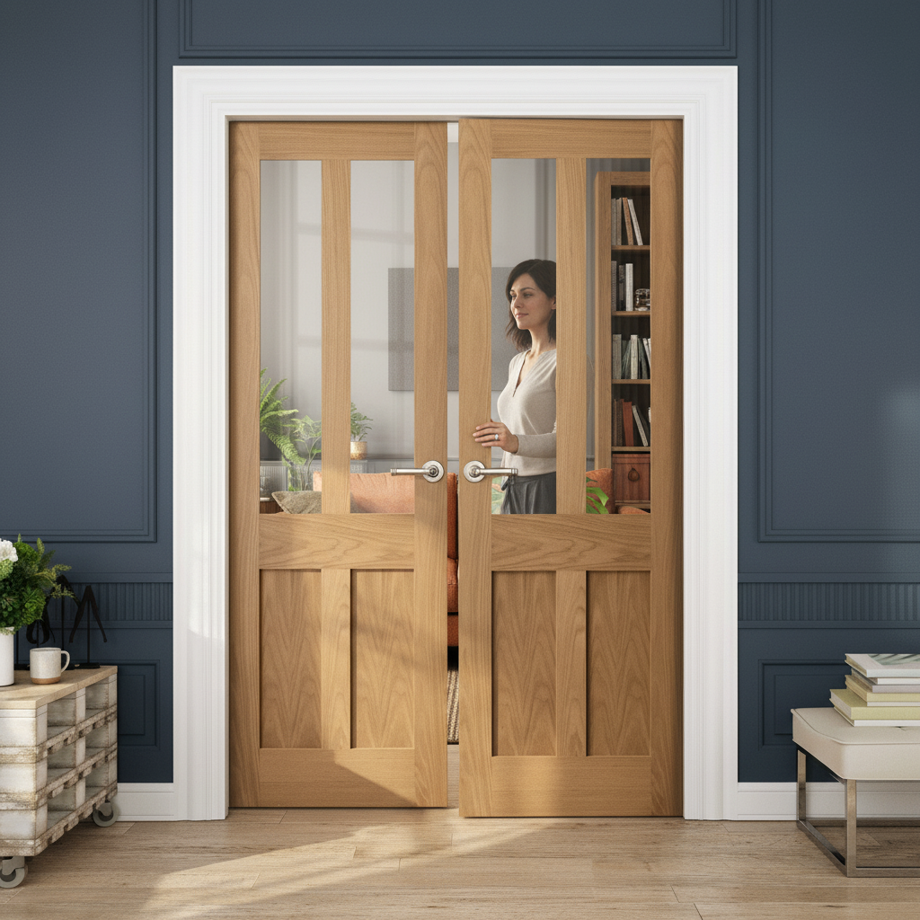 Internal Oak Unfinished Victorian Shaker 2 Panel 2 Light Glazed Pair Door for Elegant Home Design - Image 2