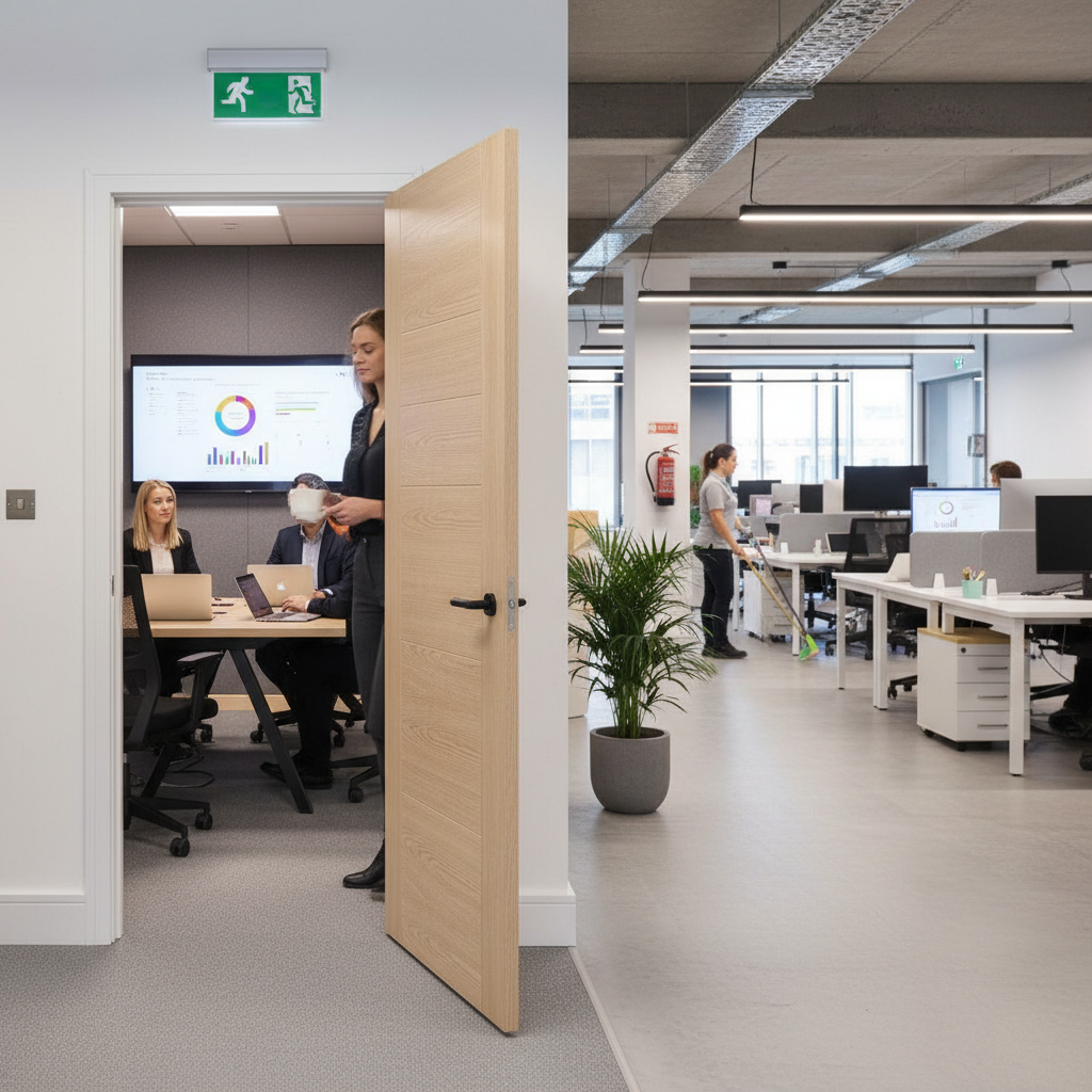 Premium Contemporary Oak Internal Fire Door with V Grooves and Satin Lacquer Finish for Modern Interiors