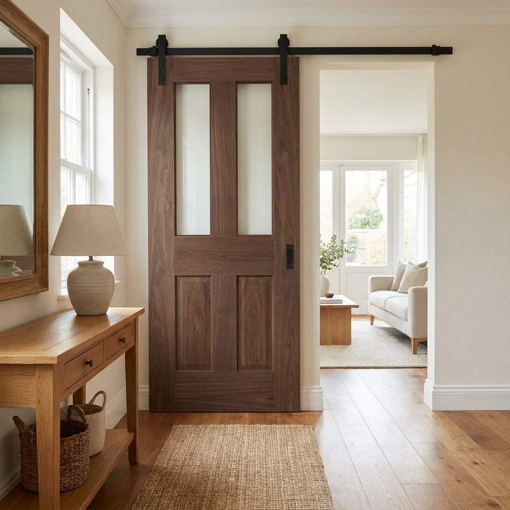 Walnut Internal Sliding Door Fully Finished with 1 Light Toughened Glass