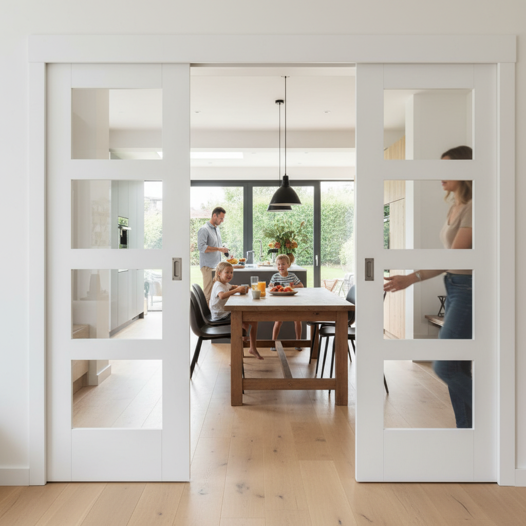Premium Double Sliding Door System with Clear Glazed White Shaker Doors and Adjustable Track Mechanism