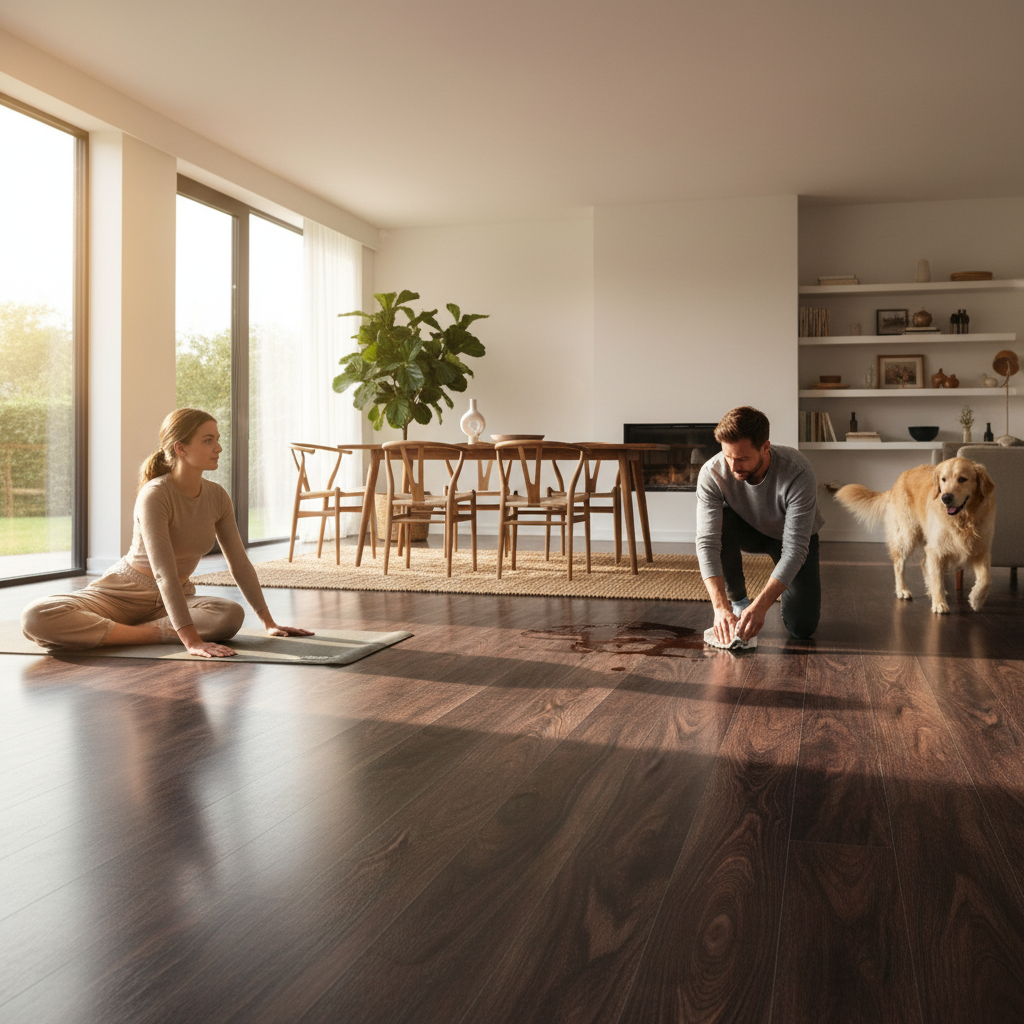 Premium 12mm High Gloss Laminate Flooring with Rich Walnut Effect and Built-in Cork Underlay for Comfort and Sound Insulation