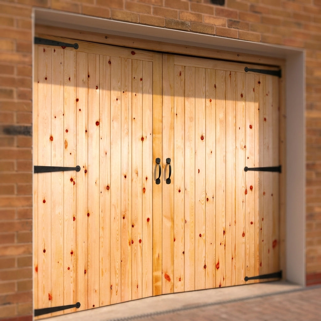 External Solid Framed Unfinished Redwood Ledged and Braced Garage Door and Frame Set - detail view