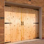 External Solid Framed Unfinished Redwood Ledged and Braced Garage Door and Frame Set - detail view