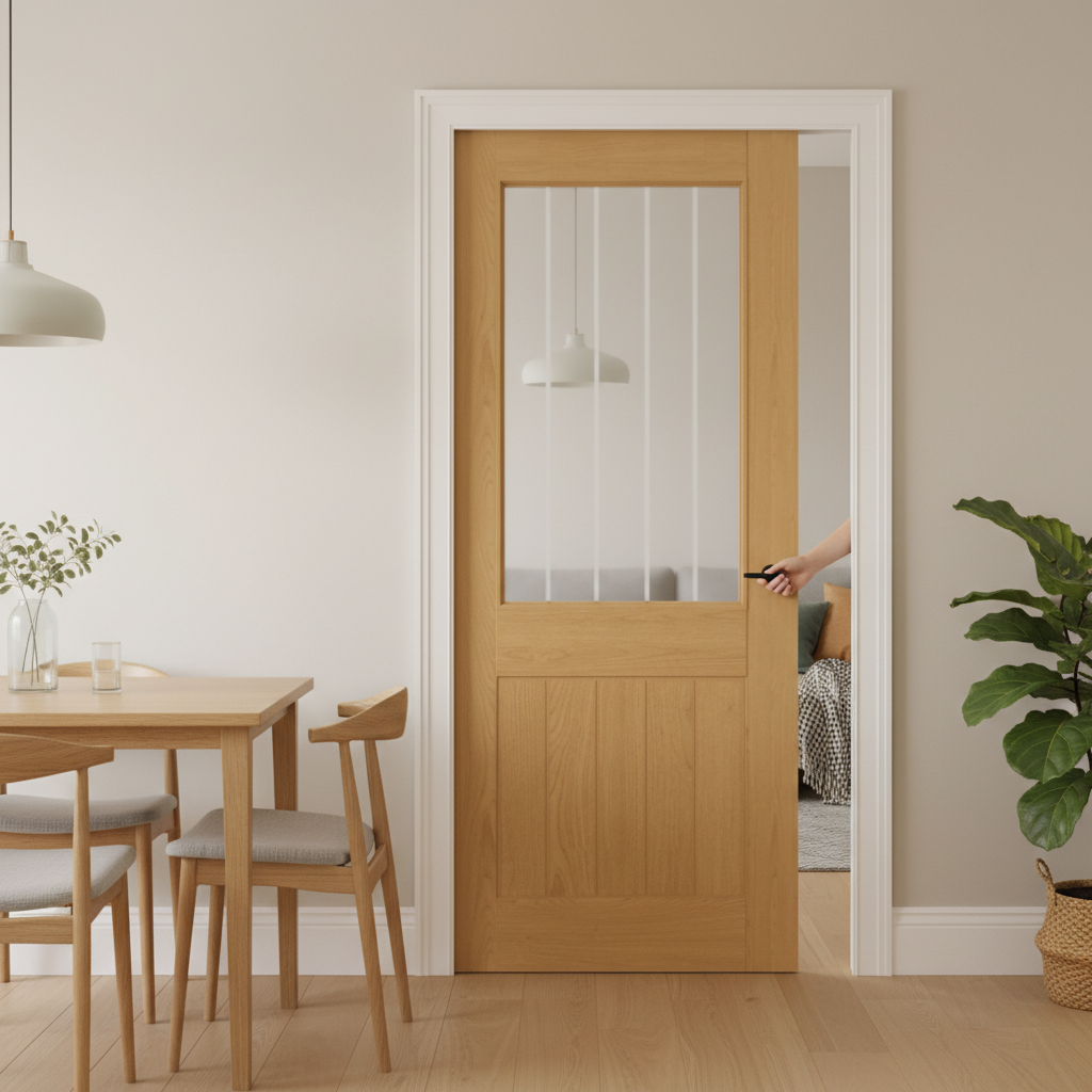 Premium Oak Glazed Pocket Door Set with Galvanised Steel Frame for Modern Homes - High-Quality Professional Grade for Industrial and Commercial App...