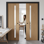 Premium Modern Oak Double Pocket Door Set with Galvanised Steel Frame and Adjustable Runners for Seamless Sliding