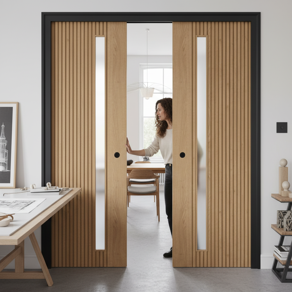 Premium Modern Oak Double Pocket Door Set with Galvanised Steel Frame and Adjustable Runners for Seamless Sliding