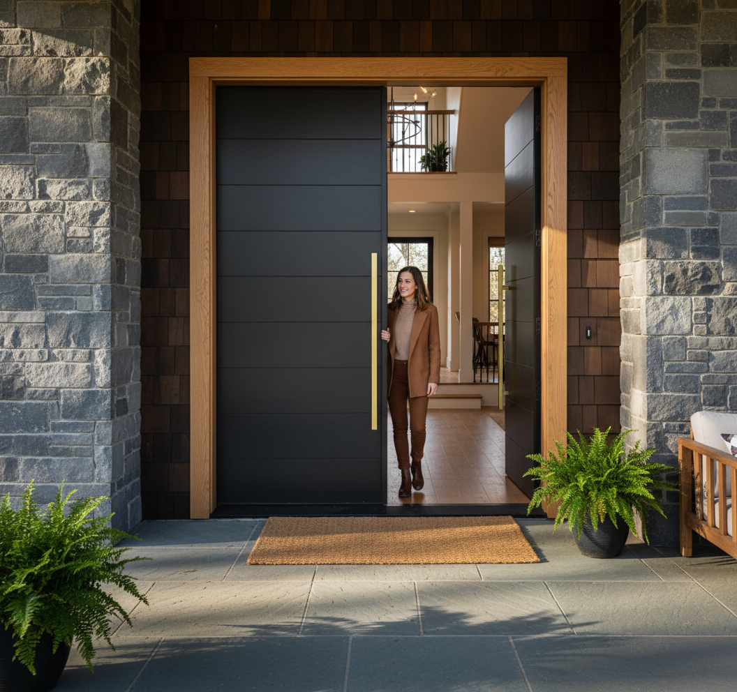 Premium Solid Oak Laminated Grand Entrance Door Frame Kit with Reversible Design and Customizable Sidelights