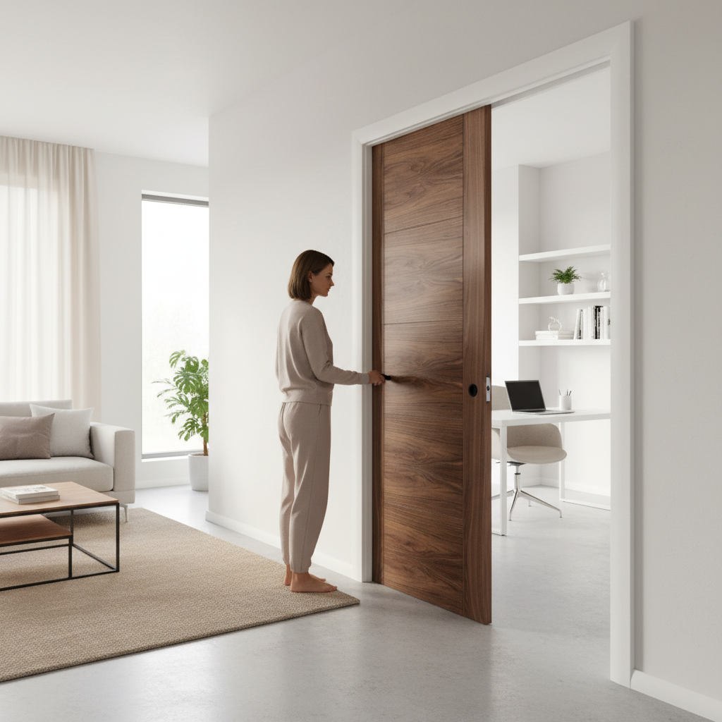 Premium Contemporary Walnut Pocket Door Set with Galvanised Steel Frame and Adjustable Features for Modern Interiors