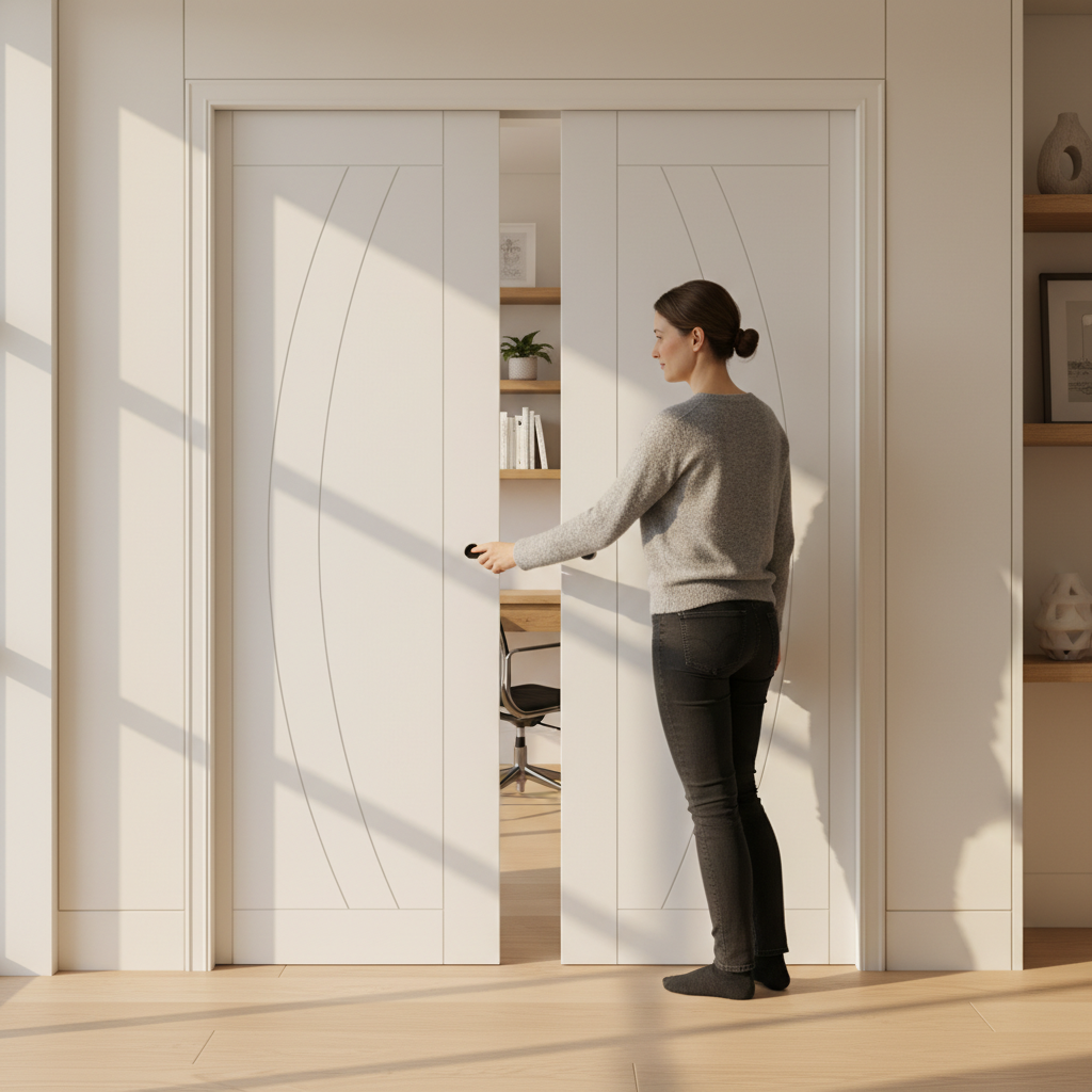 Premium White Double Pocket Door Set with Galvanised Steel Frame, Soft Door Closers, and Adjustable Protrusion Features