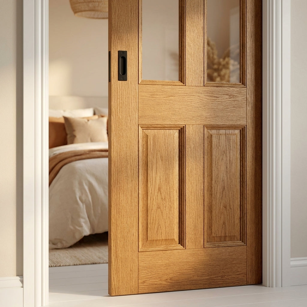 Internal Pocket Door Set 100mm Fully Finished Rustic Oak 4 Panel Glazed - detail view